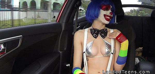  Teen in clown costume banging outdoor to cumshot